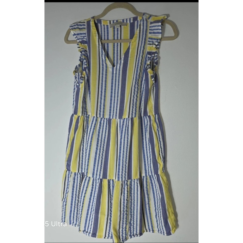 Loft‎ Women's Seersucker Flutter Sleeve Striped Dress Yellow Blue Women's XSP